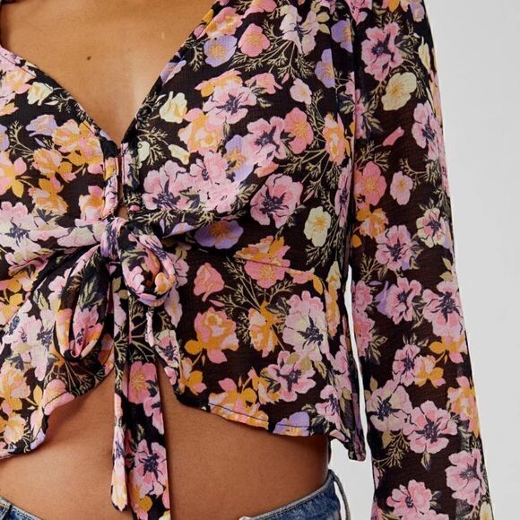 NWT Free People Maybel Top Sheer Floral Plunge V Neck Ruffled Cuff Bell Sleeves - Picture 4 of 11